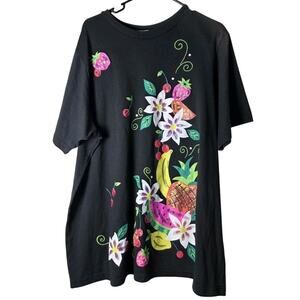 Vintage J.E. Sportswear T-Shirt Plus Size 1X Black Short Sleeve Floral Fruit